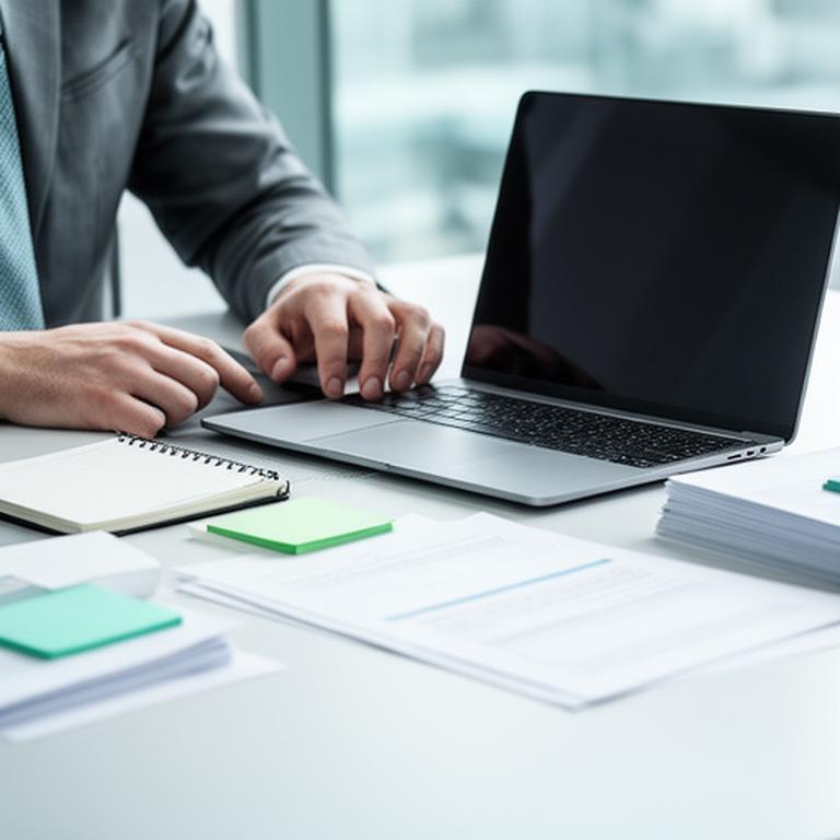 Associate mit Laptop und Notizen in einem stilvollen Kanzleibüro mit Glasflächen